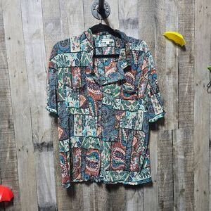 Earthbound Trading Company Patchwork Pleated Button Down Blouse